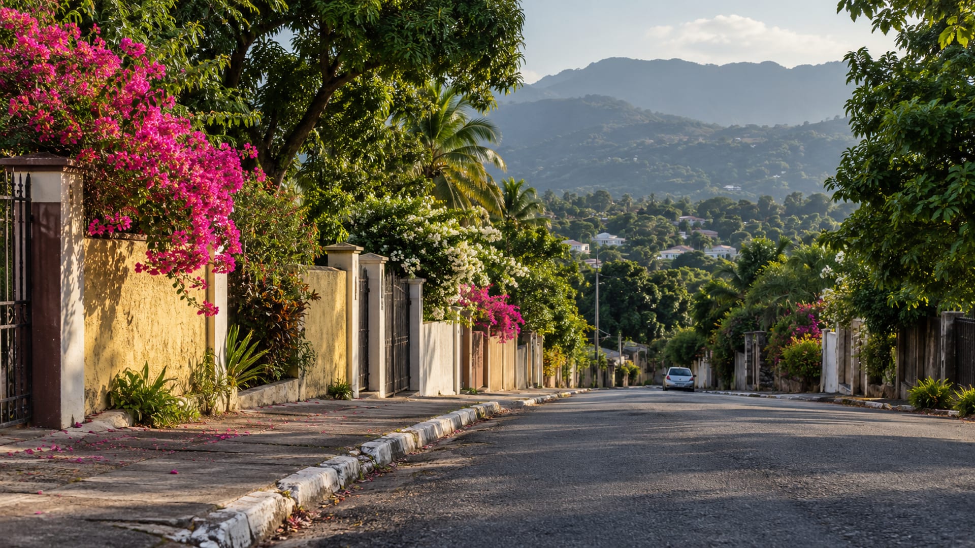 Quiet residential street in Kingston with walled gardens and trees, the hills rising behind and a small plain car far down the road