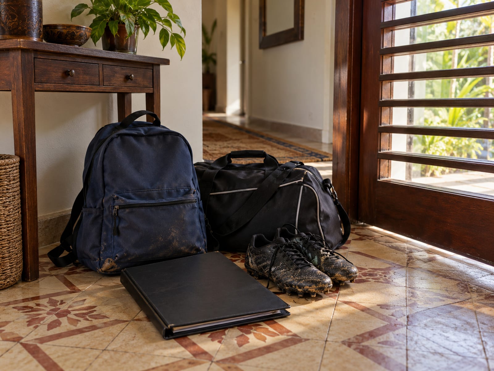 Hallway console by a front door with a school bag, a sports bag, football boots and a music folder ready