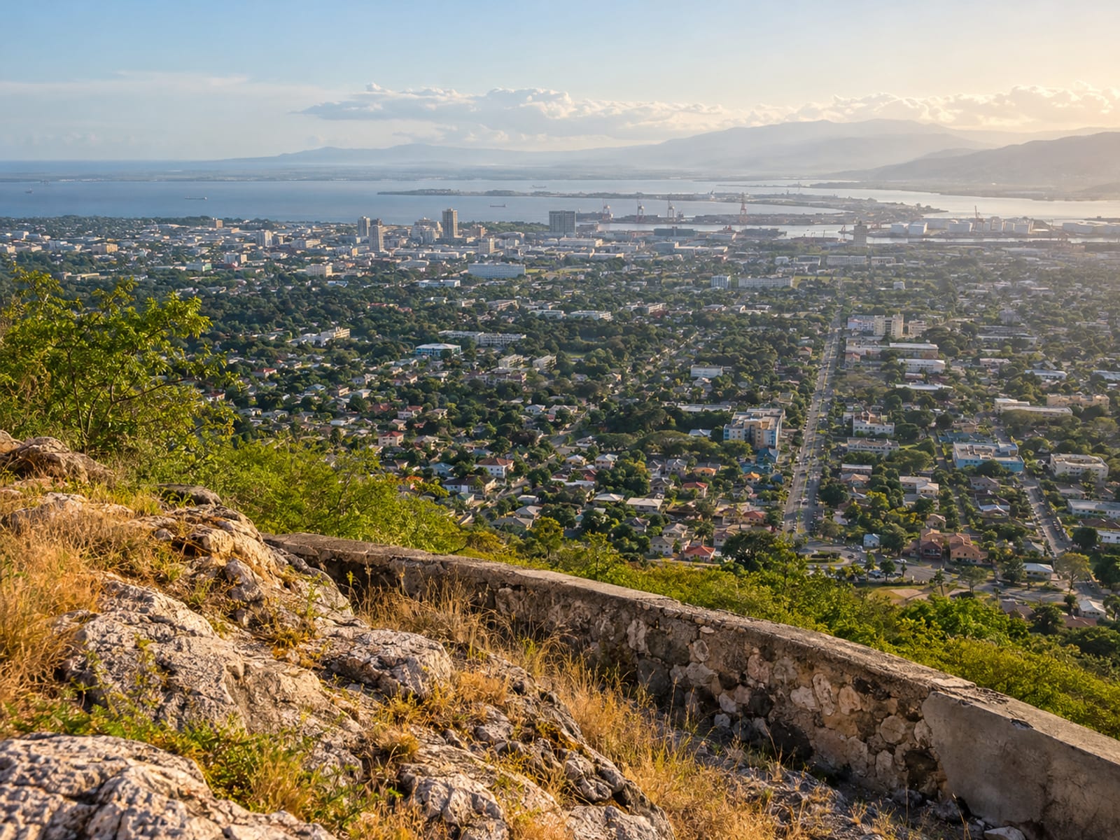 Hazy afternoon overlook of Kingston rooftops, roads and harbour from the hills with tiny distant traffic