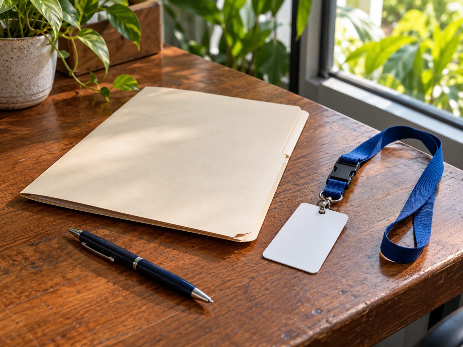 Wooden desk by a window with a closed folder, a blank card on a lanyard and a pen