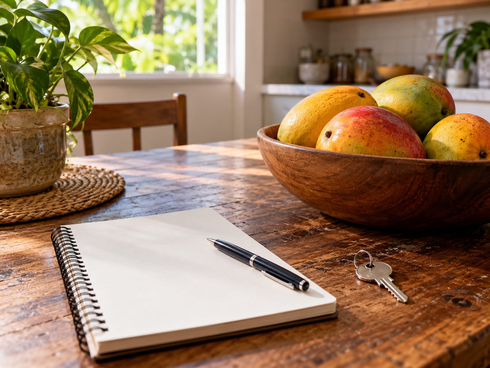 Blank notepad, pen and a house key on a kitchen table beside a bowl of mangoes