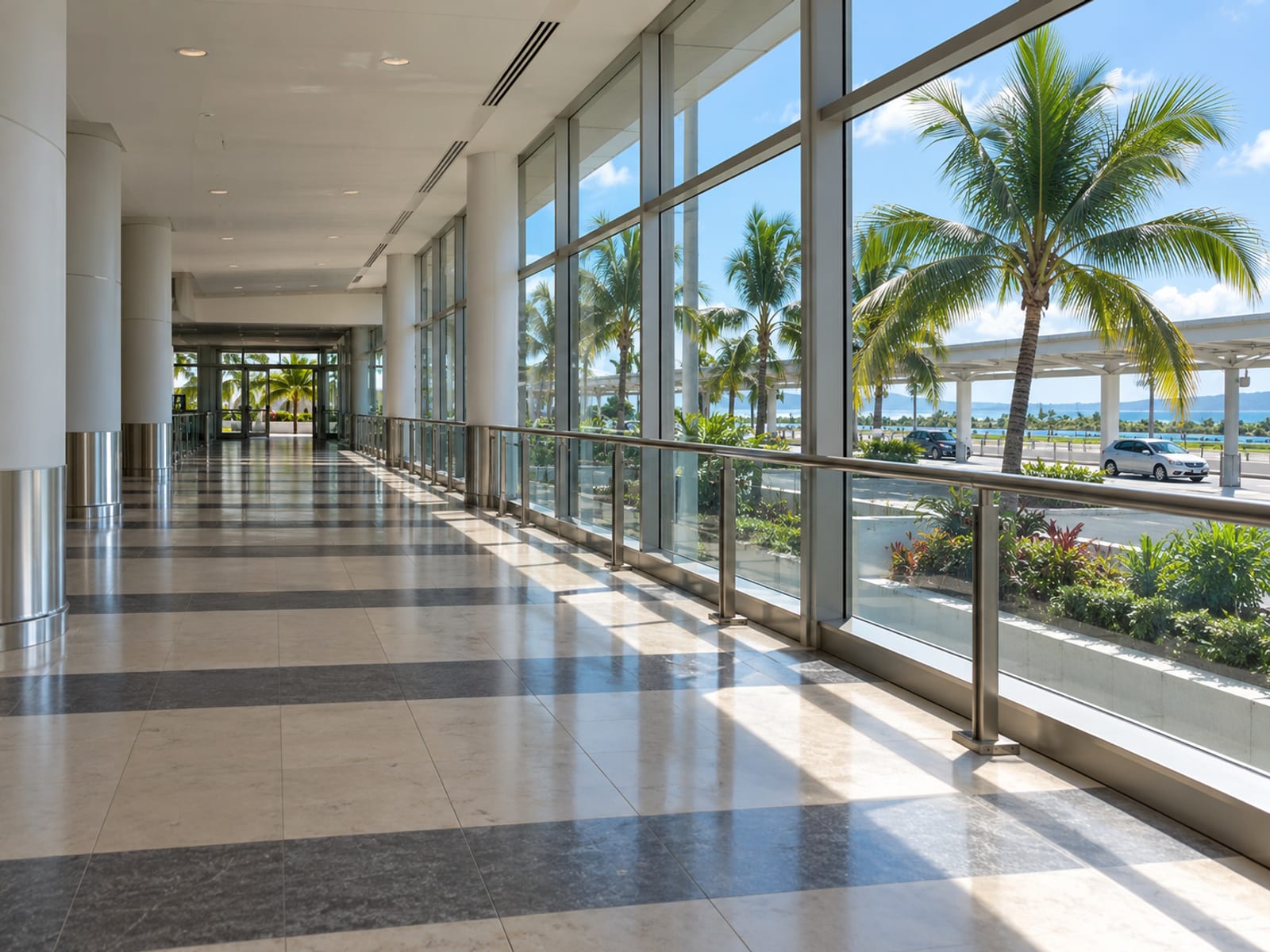 Long empty airport corridor with floor stripes and a glass wall looking out to palms