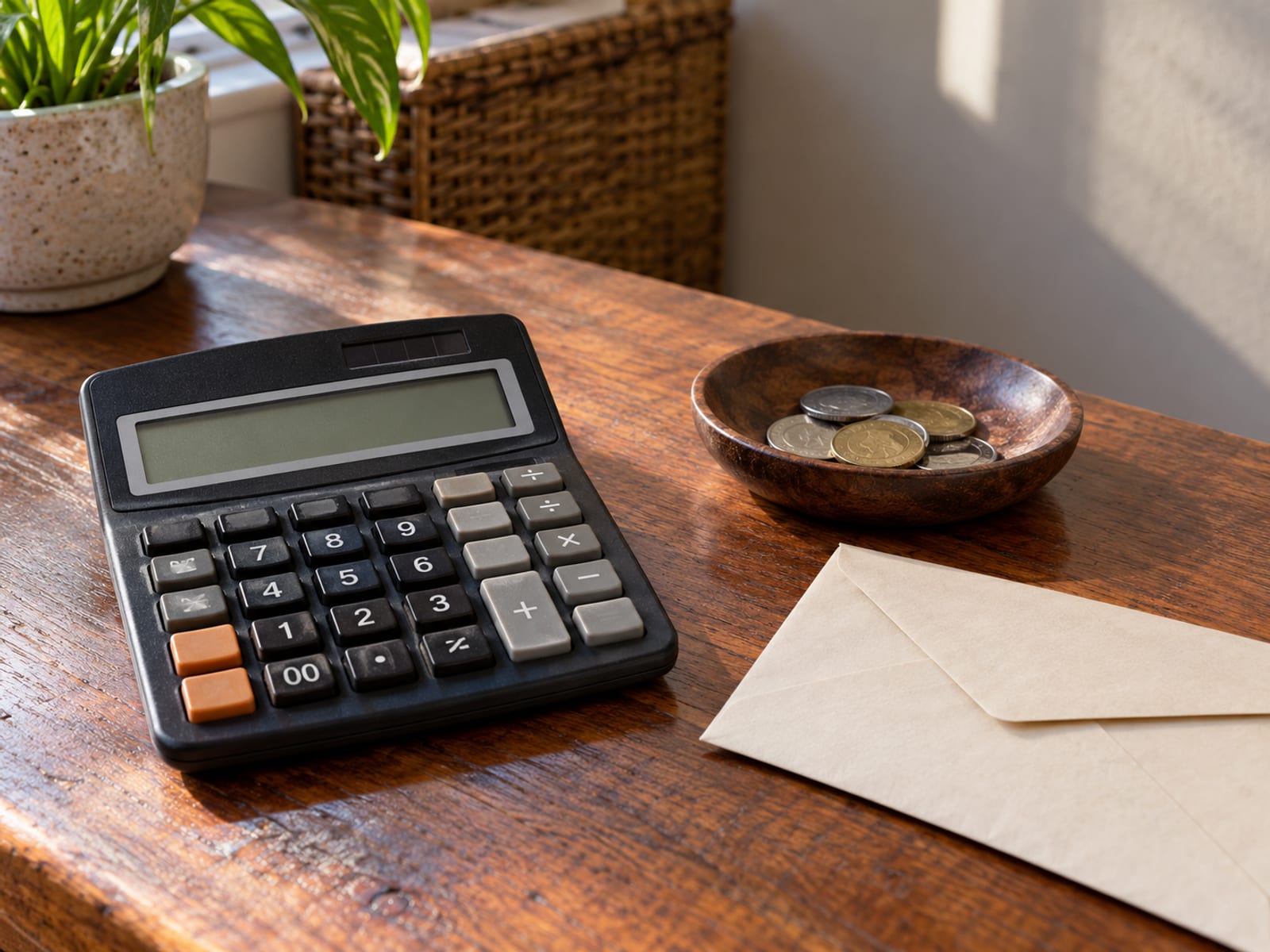 Calculator, a small coin dish and a closed envelope on a wooden desk