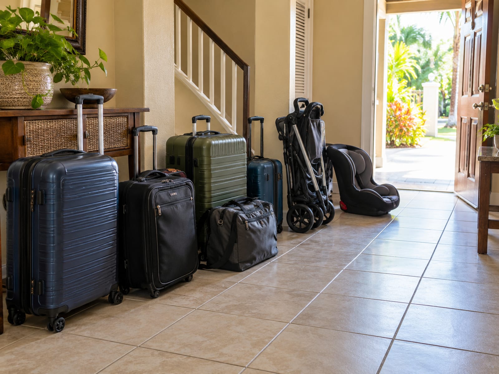 Suitcases and a folded stroller lined up on a tiled floor inside a home hallway beside a car seat