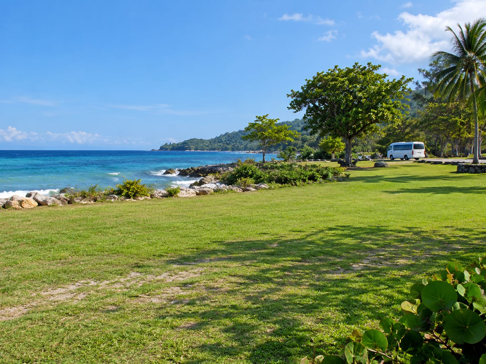 Open seaside lawn with trees and the sea beyond and a very small plain minibus far off