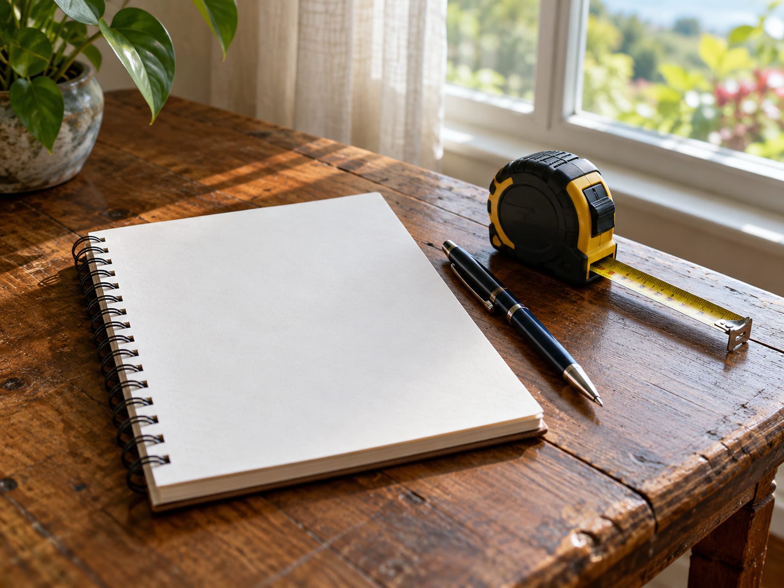 Blank notepad, pen and a tape measure on a wooden table beside a window