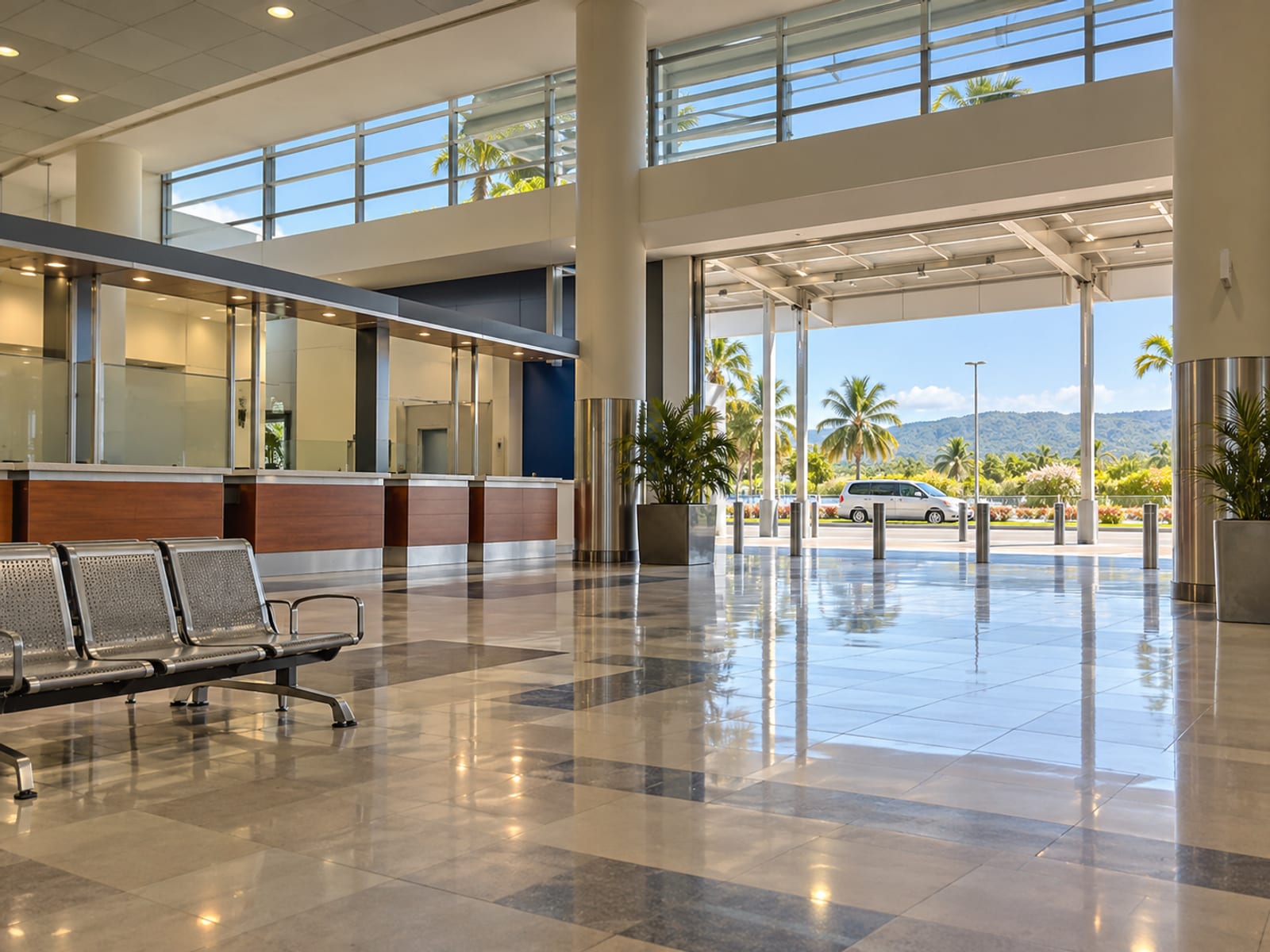 Empty arrival hall ground transport area with plain counters and benches and daylight from the entrance