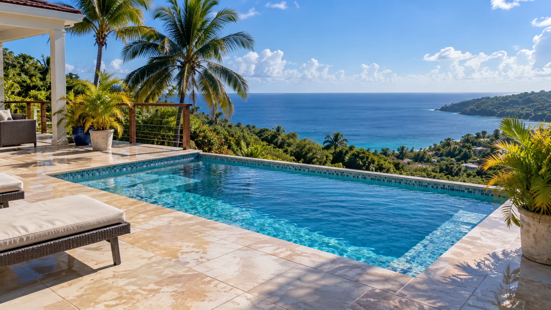 Empty tiled villa terrace with a pool and lounge chairs looking out over the sea and palm trees.