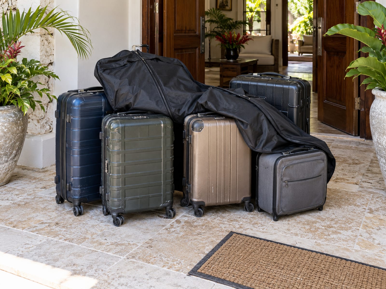 Several mismatched plain suitcases and garment bags lined by a villa door on a tiled veranda floor.