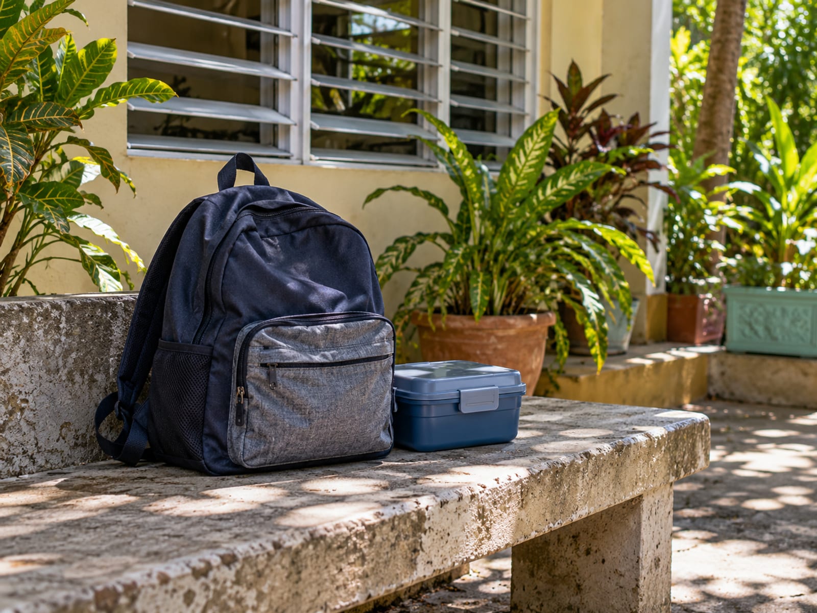 School bag and lunch box on a concrete bench in a shaded yard with louvre windows behind