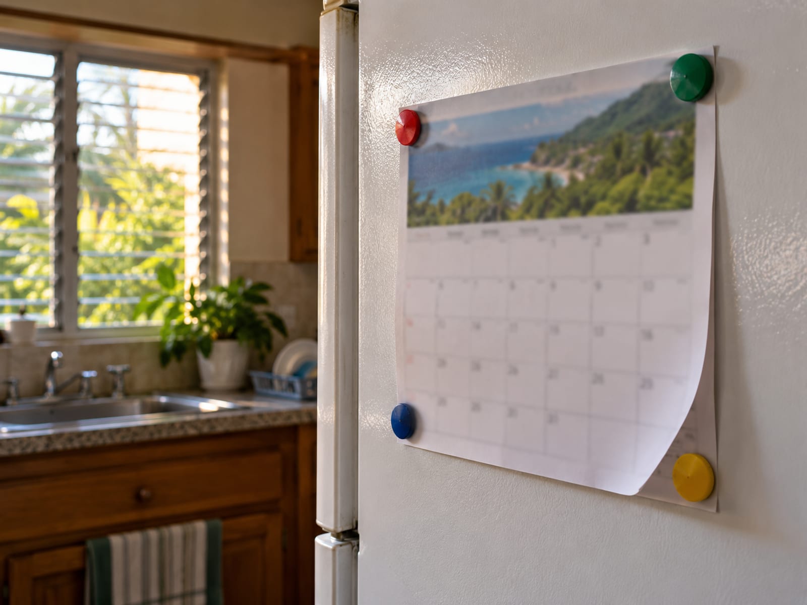 Wall calendar on a refrigerator door with a softly out of focus grid, magnets and a window beyond