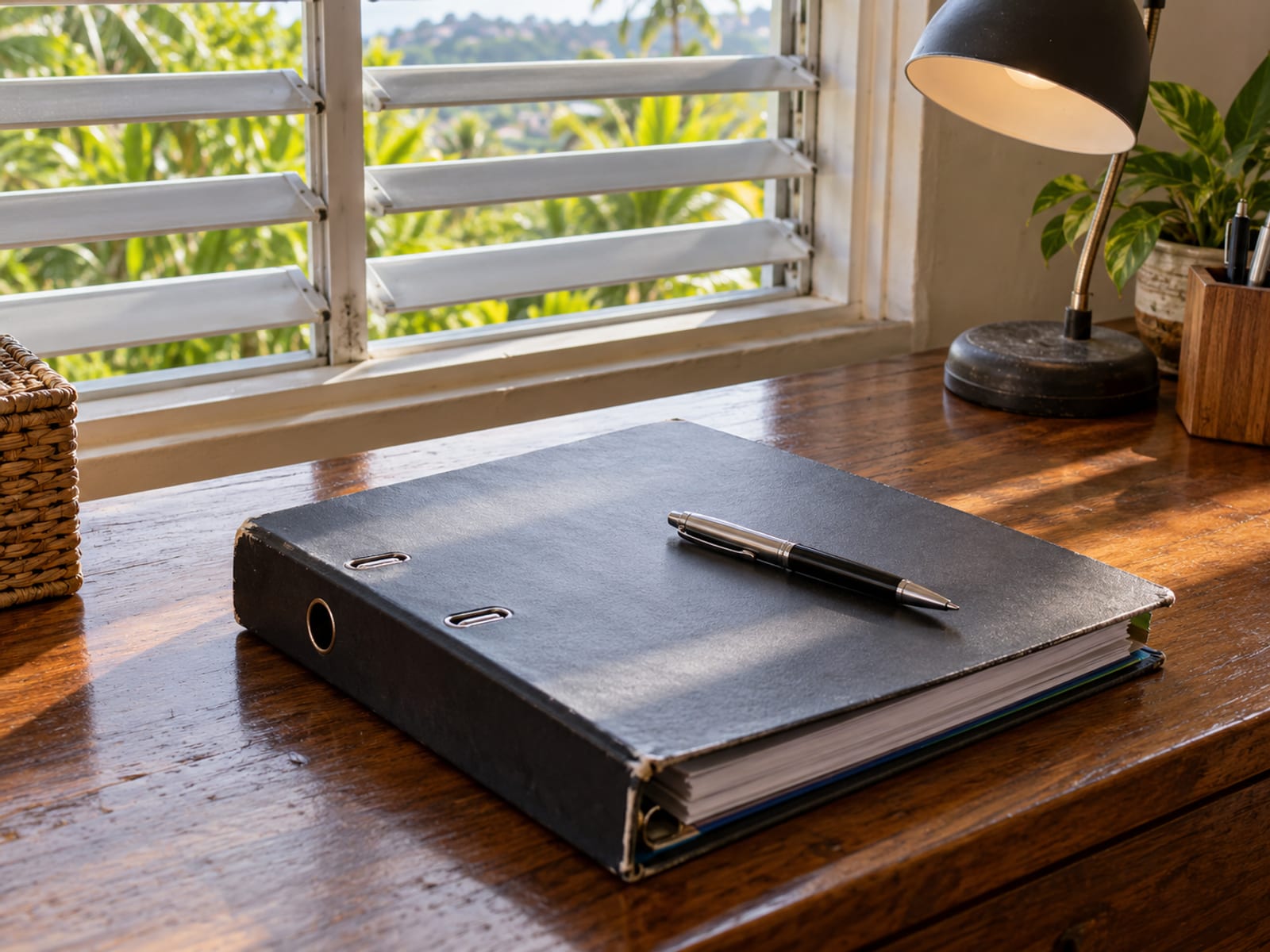 Closed ring binder with a pen on a wooden desk by a louvre window