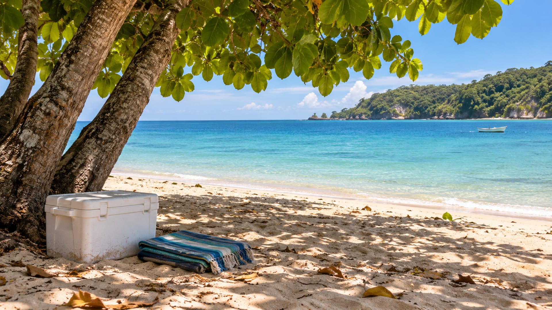 A plain cool box and a folded blanket on pale sand under almond trees with calm sea beyond