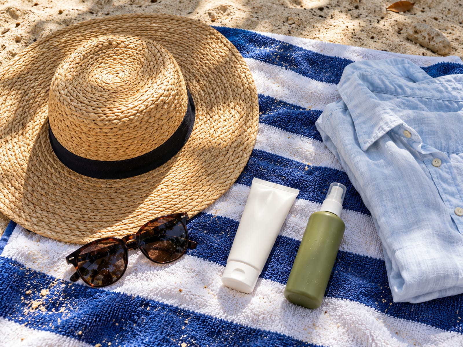 A straw hat, sunglasses and plain unlabelled sun cream and repellent bottles on a striped towel