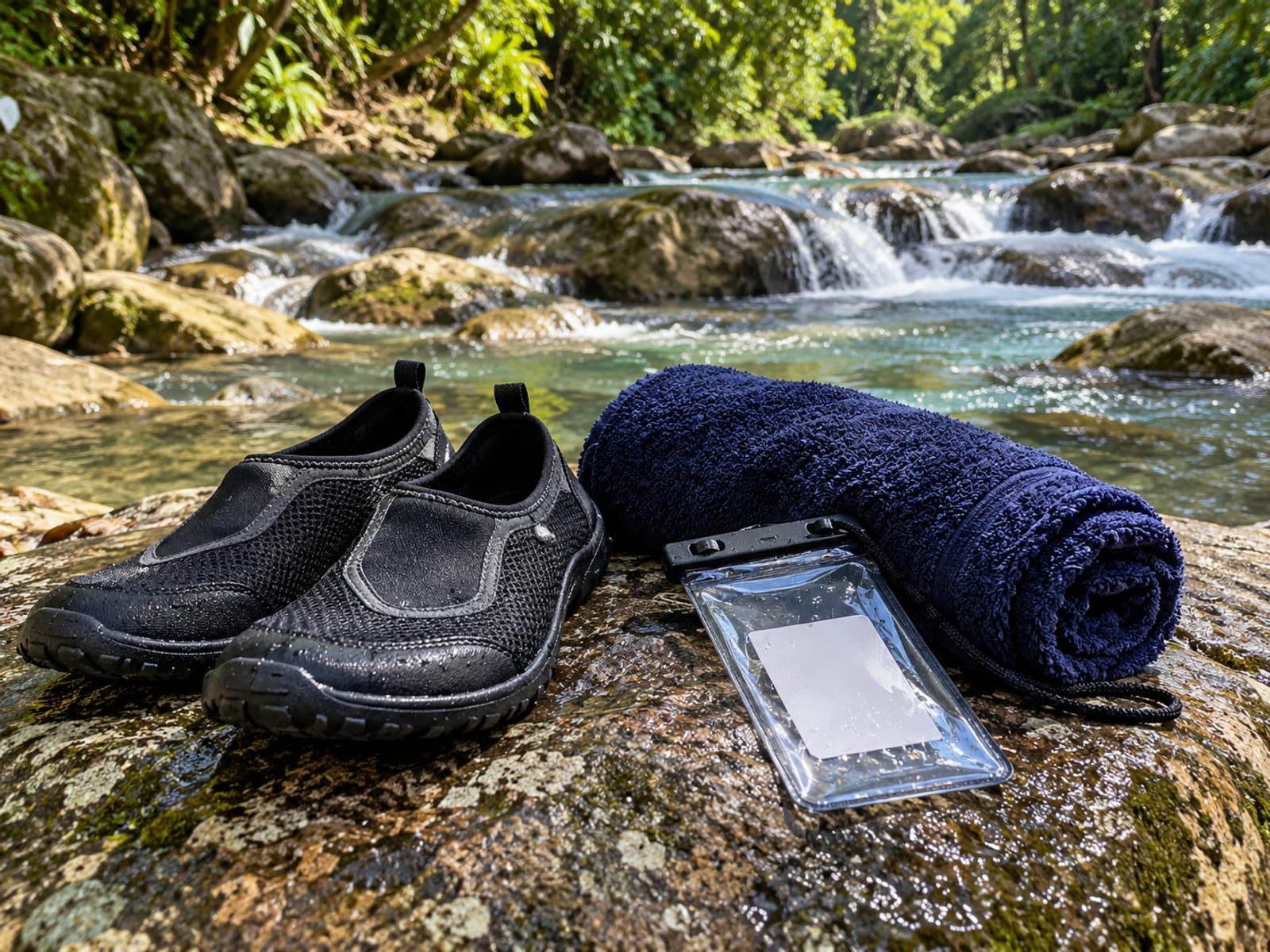 Water shoes, a rolled towel and a clear waterproof pouch resting on a rock next to a rocky river