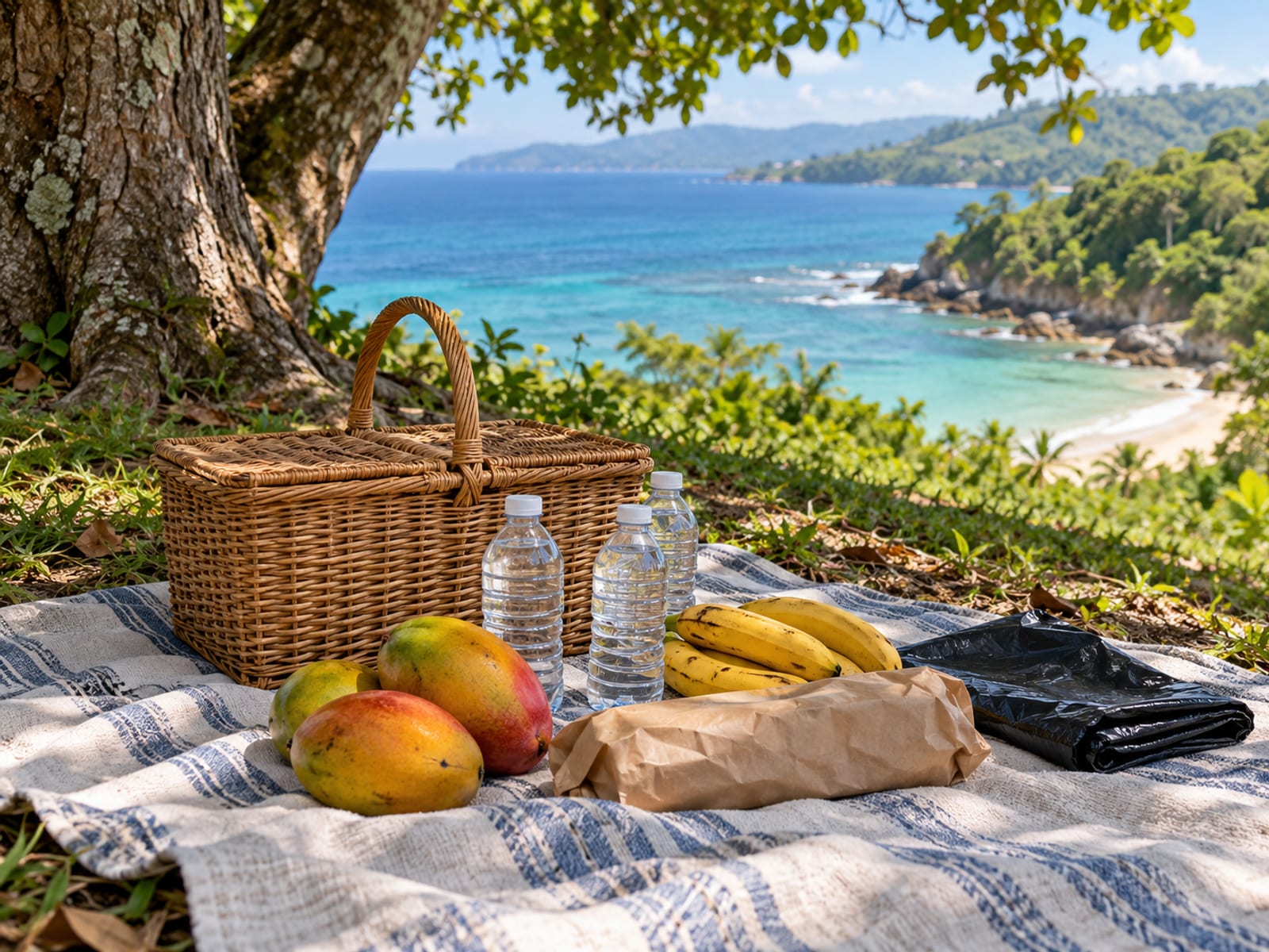 A woven basket with plain water bottles, mangoes and bread on a cloth under a tree