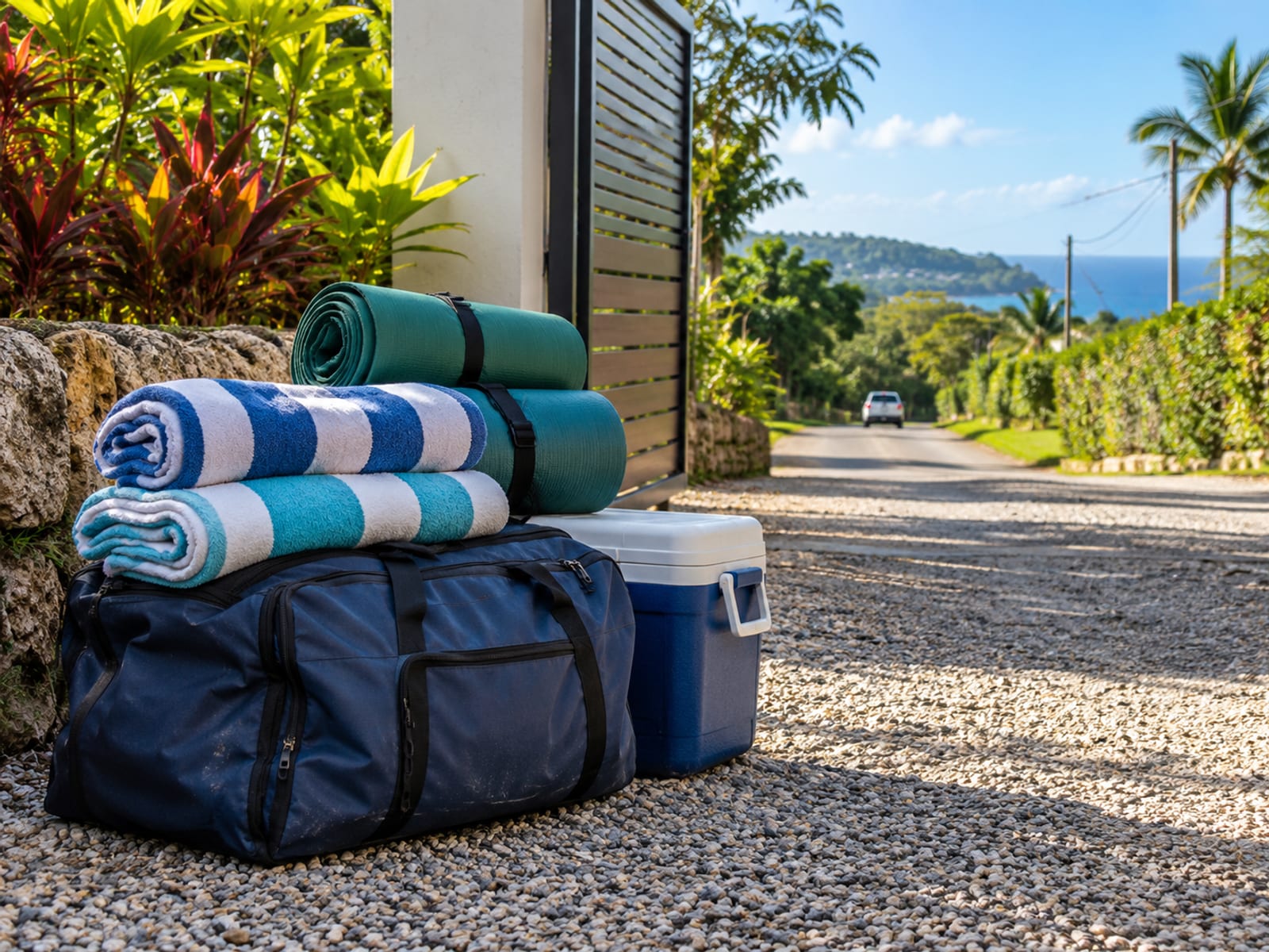 Rolled beach towels, mats and a soft duffel bag stacked on a gravel drive beside a gate
