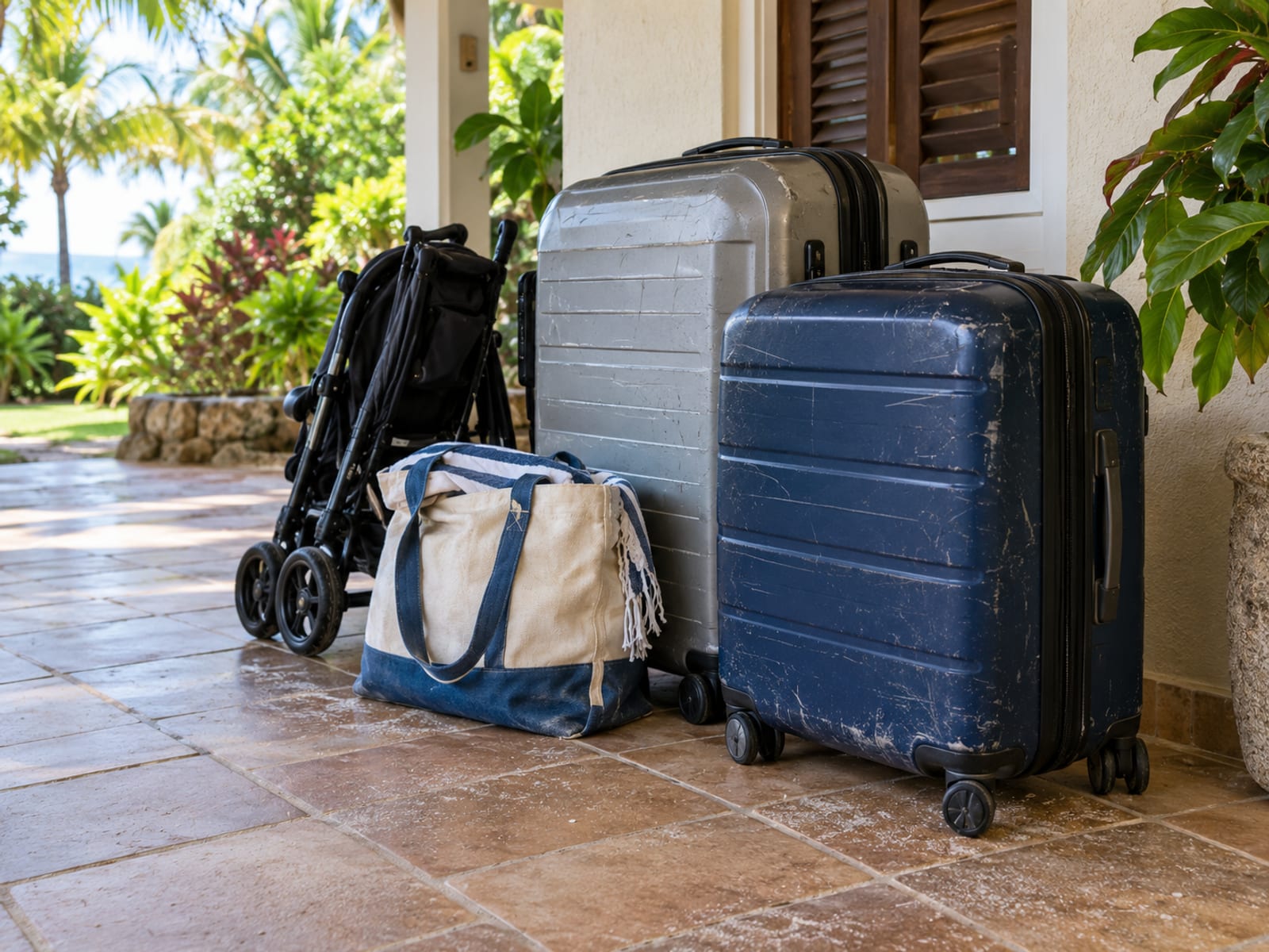 Suitcases, a pushchair and a beach bag on a villa porch