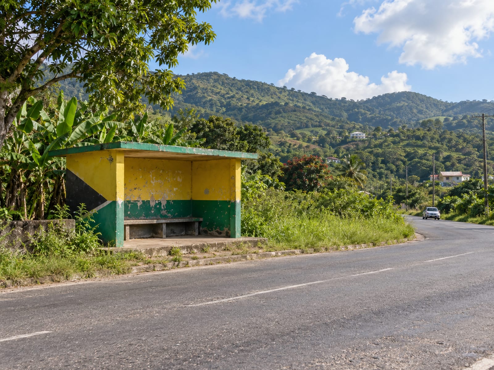 A painted roadside bus shelter on a quiet country road