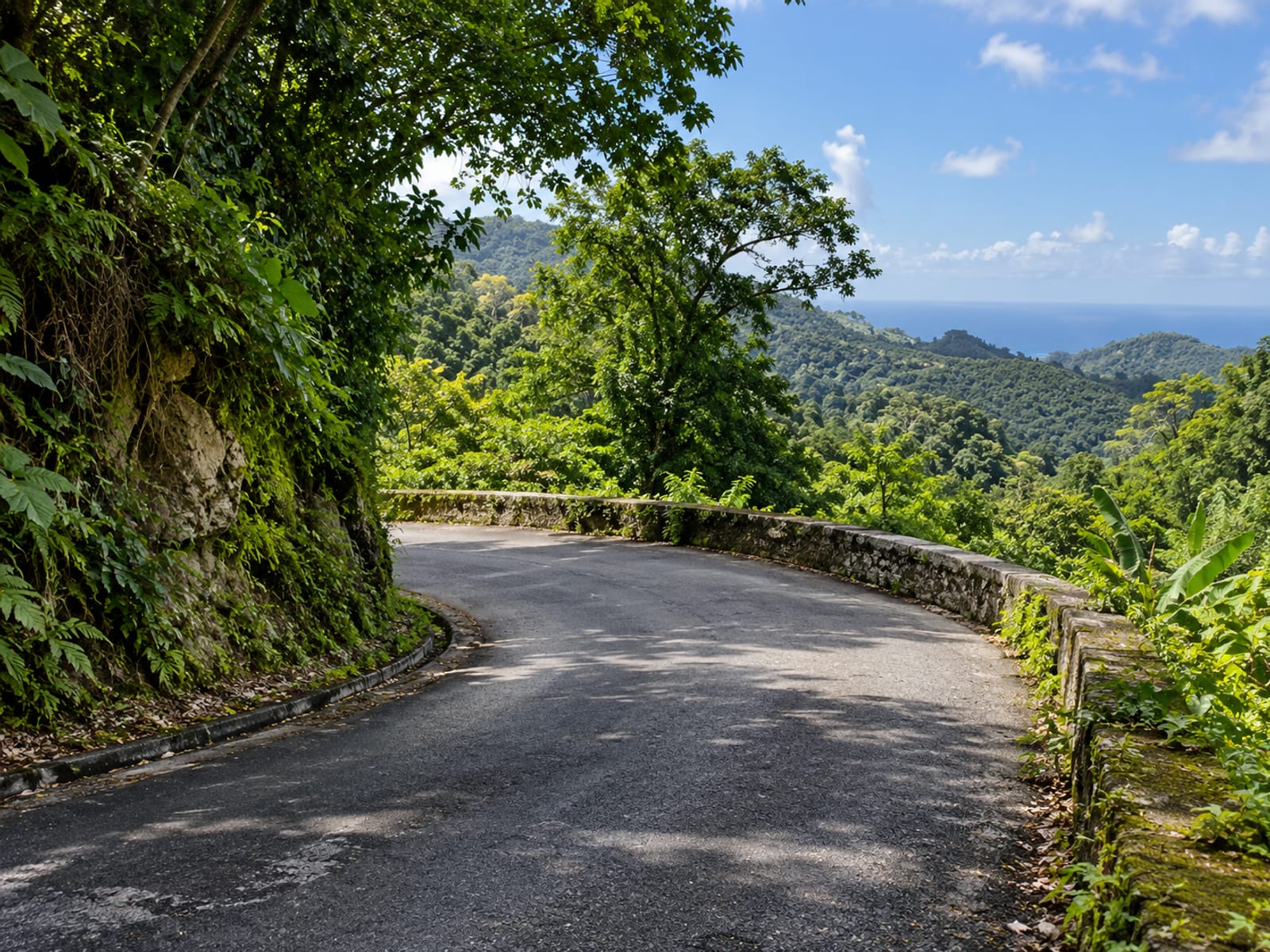 A winding mountain road with a sharp bend through green forest