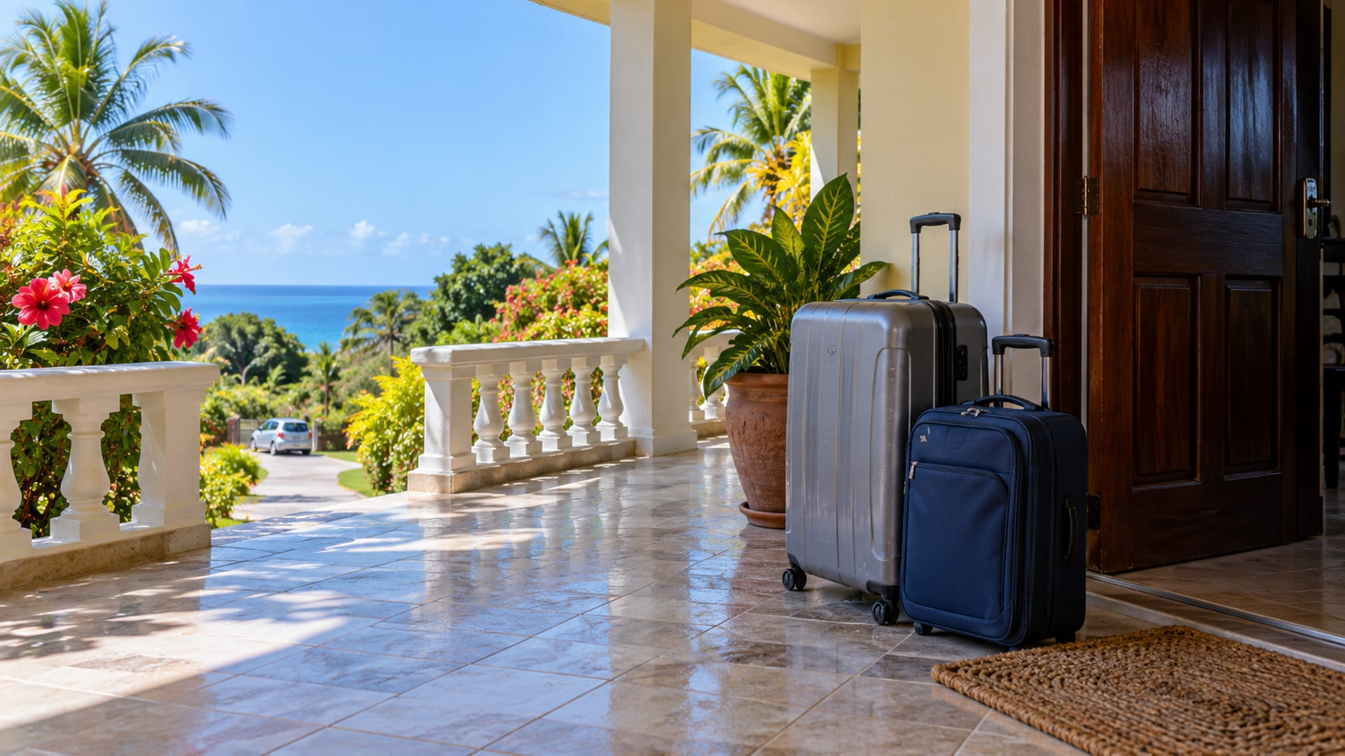 Two plain closed suitcases, one medium and one small, standing on a tiled veranda beside an open door with a garden and distant sea beyond