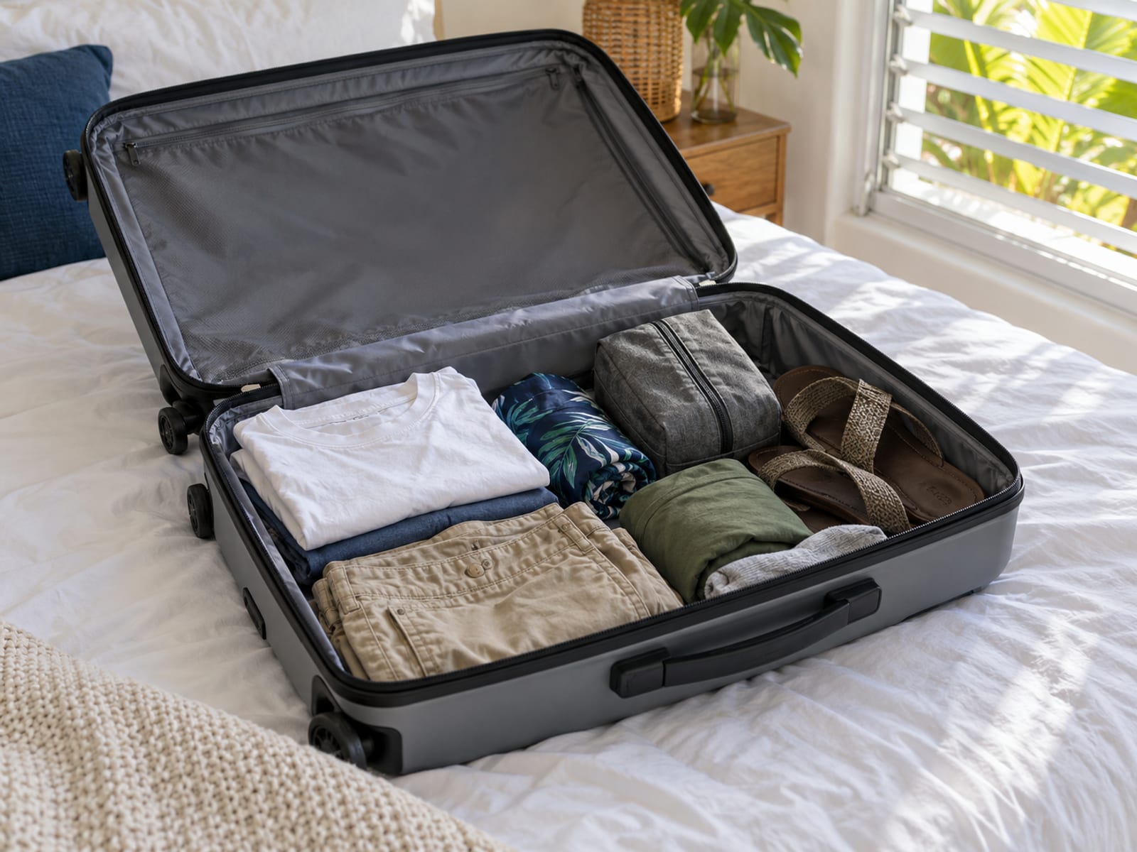 A medium suitcase open on a white bed, filled with folded shirts, swimwear and a pair of sandals, with a little free space at the top