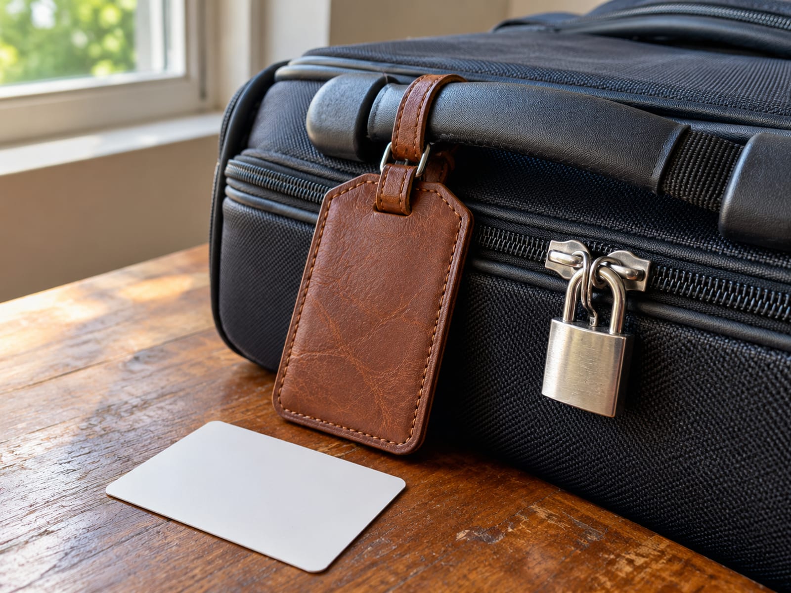 A blank leather luggage tag and a small closed padlock attached to the handle of a dark suitcase, shown close up