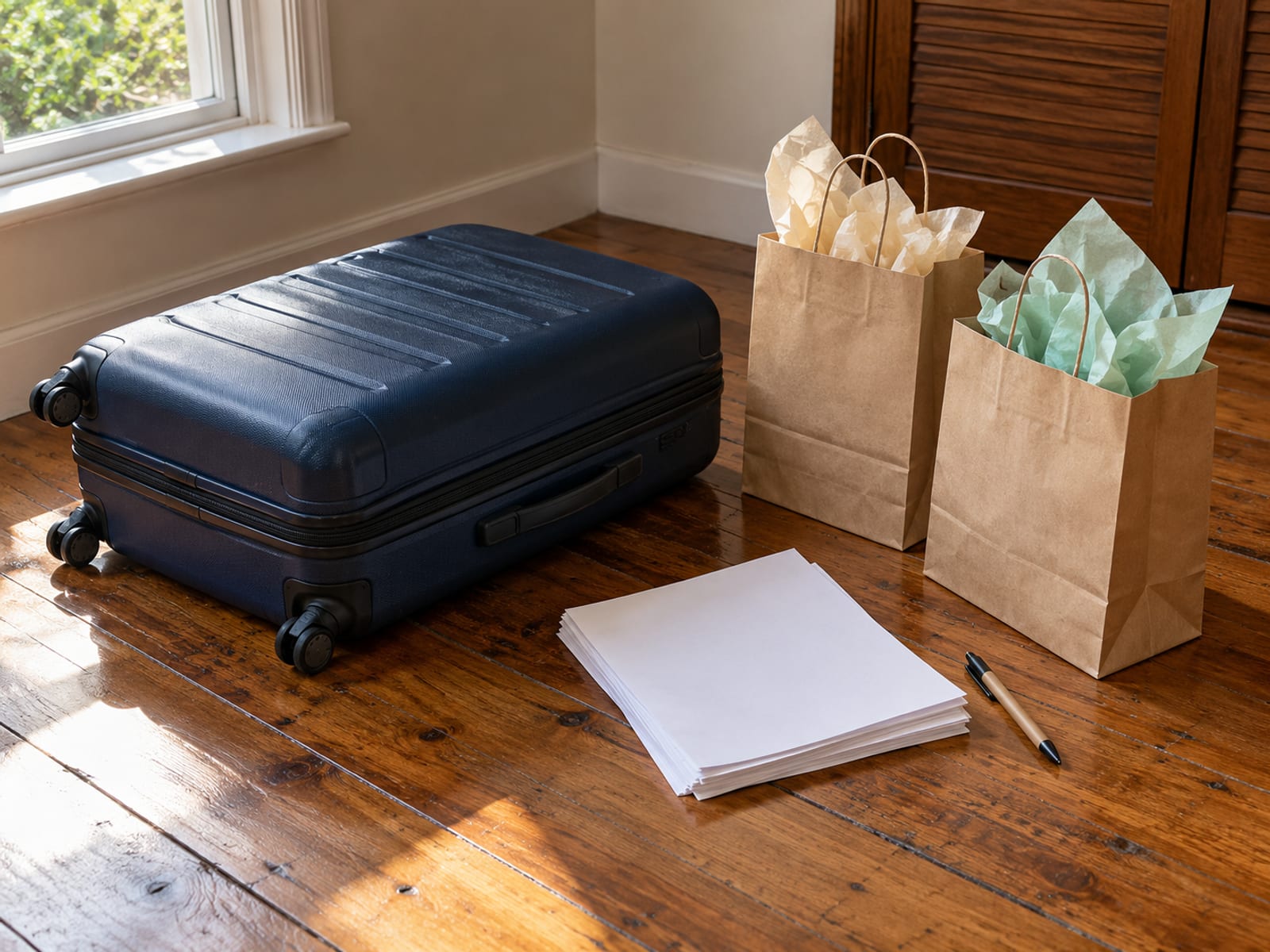 A shut suitcase on a wooden floor with a stack of blank papers, a plain pen and two plain paper gift bags beside it