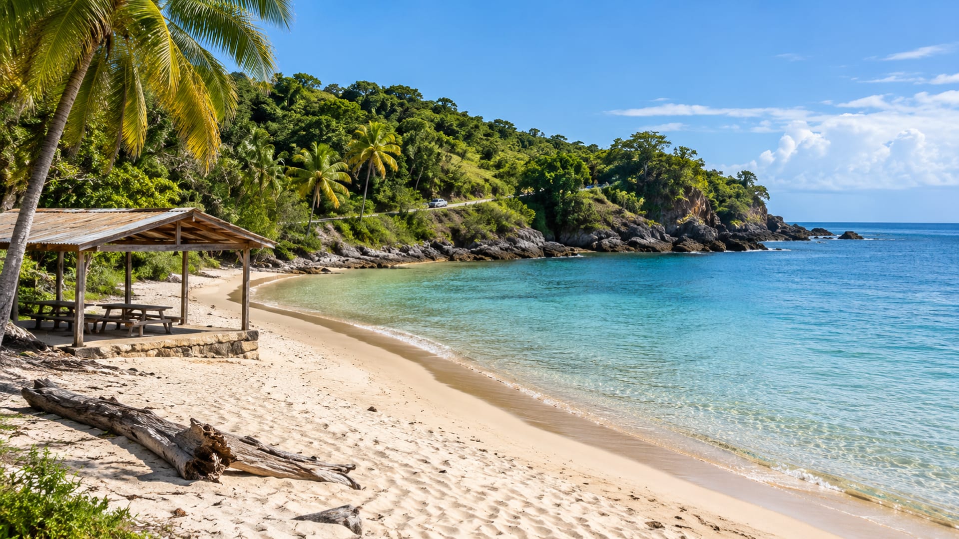 Empty sandy cove with a small open picnic shelter and calm turquoise water under a clear sky.