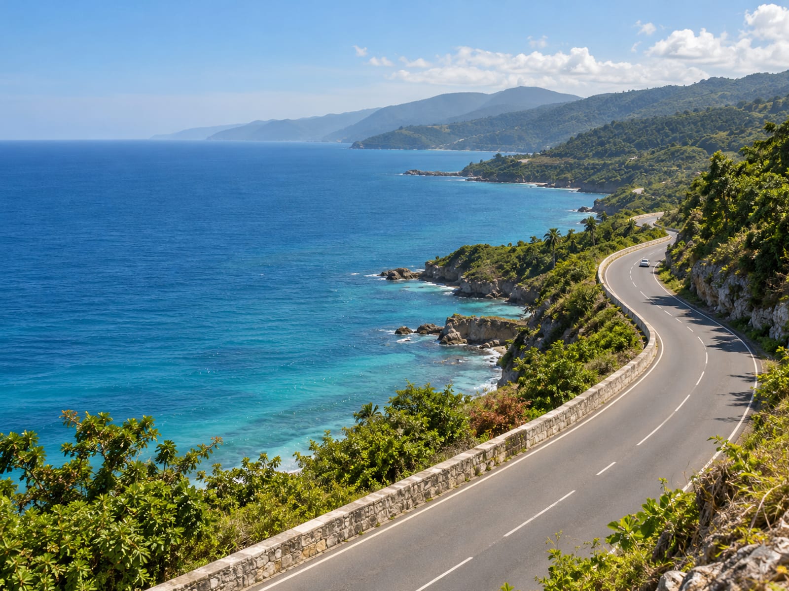 View from a hillside along a curving coastal road with blue sea and headlands beyond, one tiny car on the road.