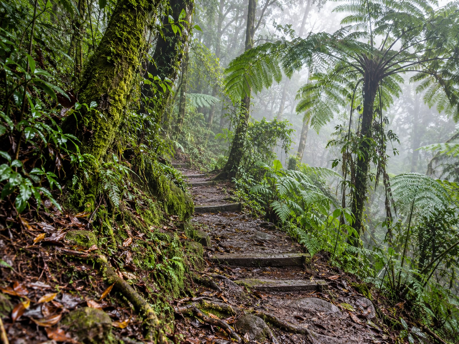 Narrow earth trail through cloud forest with tree ferns, mossy trunks and mist between the trees.