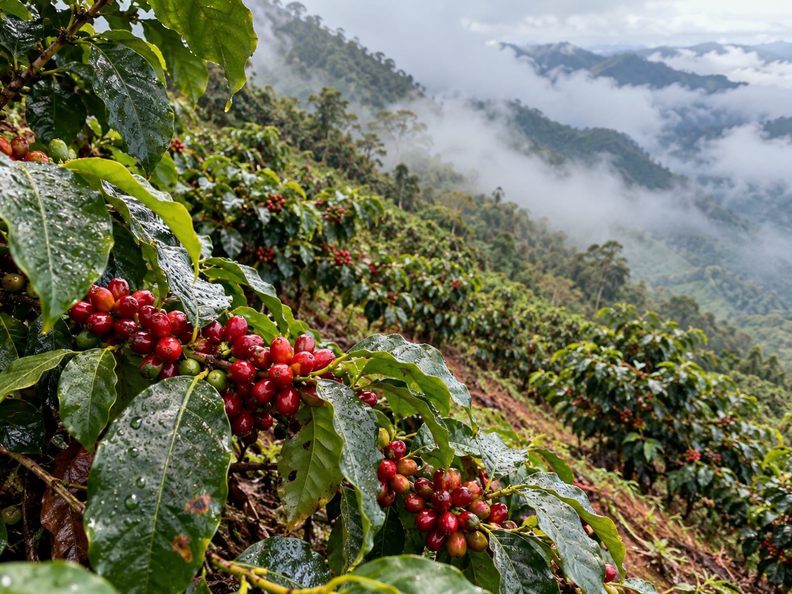 Close view of coffee shrubs with ripe red cherries beaded with dew on a steep hillside with low cloud.