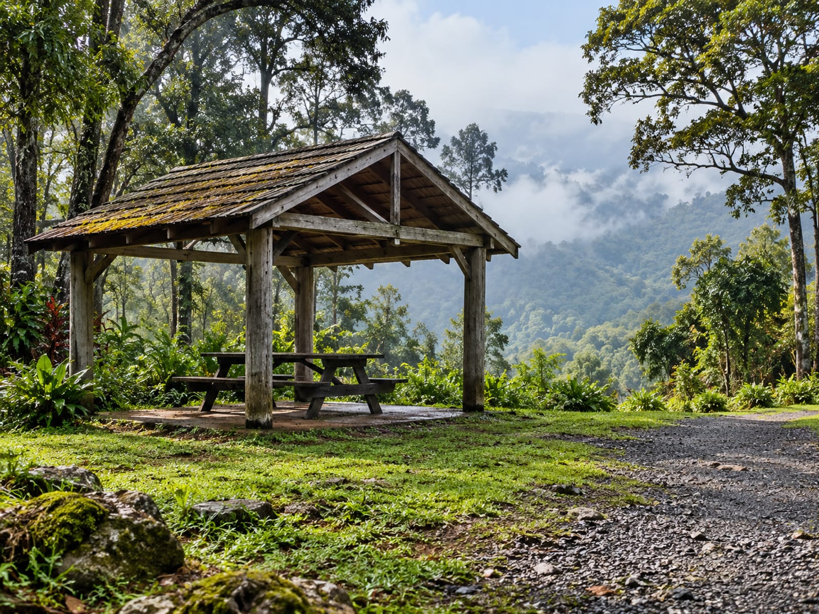 Open timber shelter with a plain picnic table in a grassy clearing ringed by tall trees and mist.