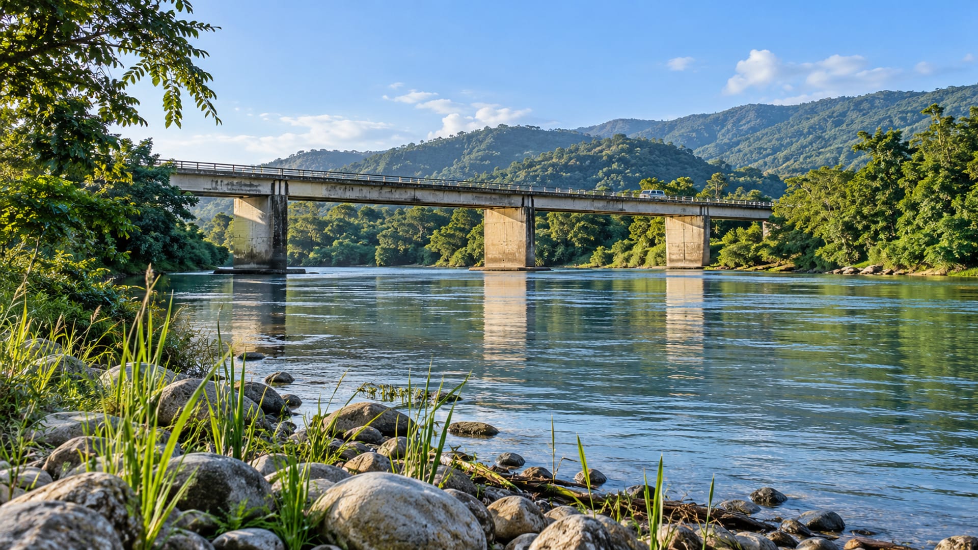 Concrete highway bridge crossing a wide green river with trees along both banks