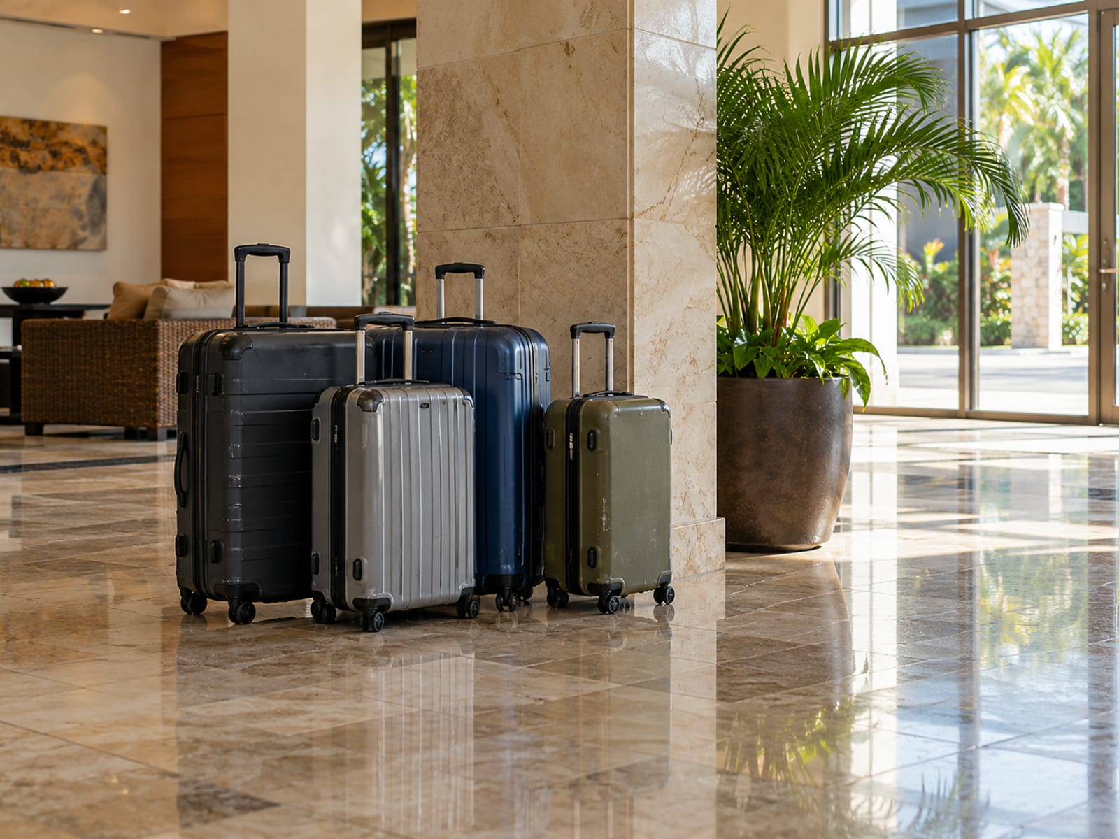 Neat stack of plain suitcases on a polished tiled lobby floor beside a pillar