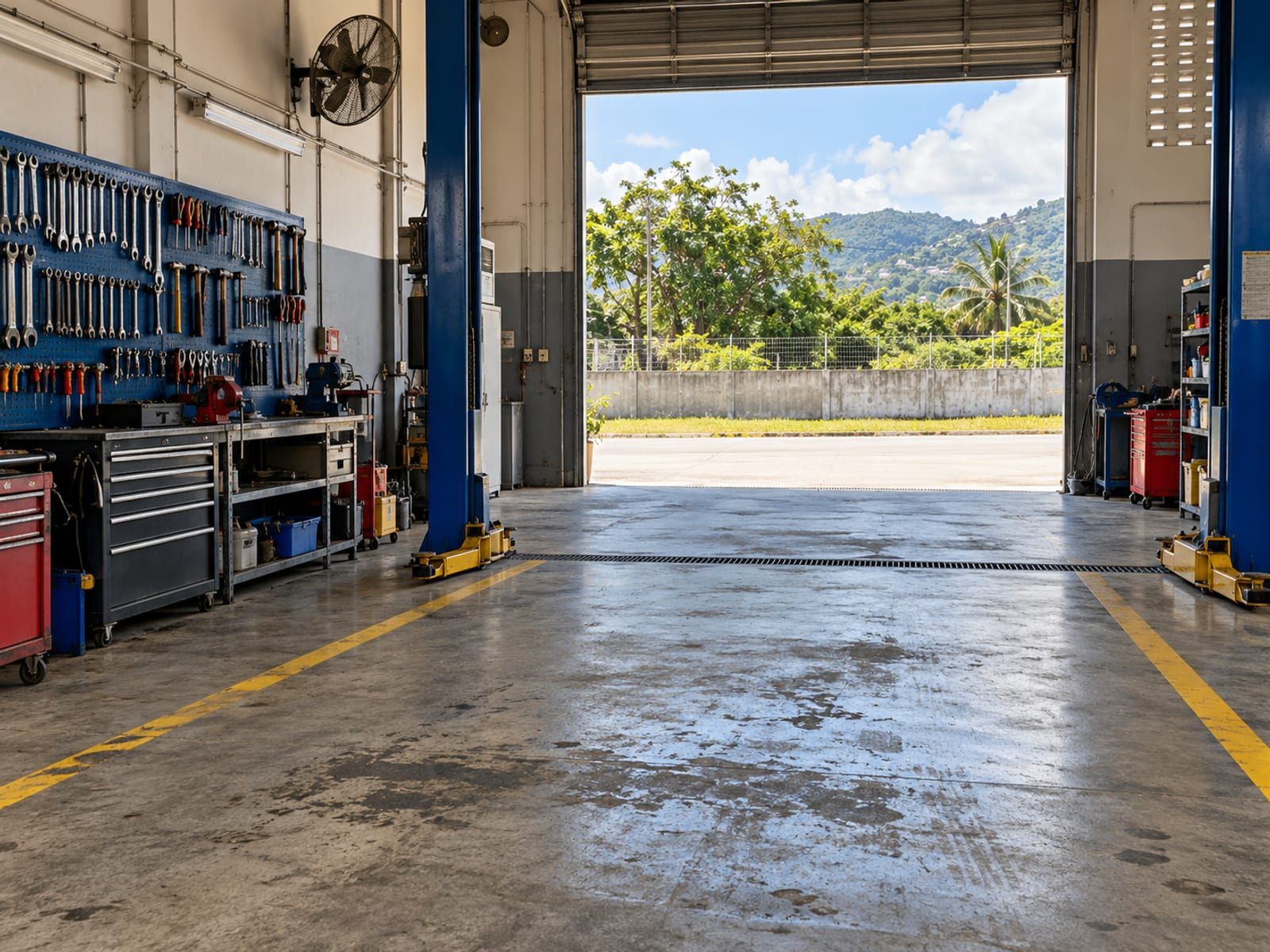 Empty concrete workshop bay with painted lines, tools hanging on the wall and an open door