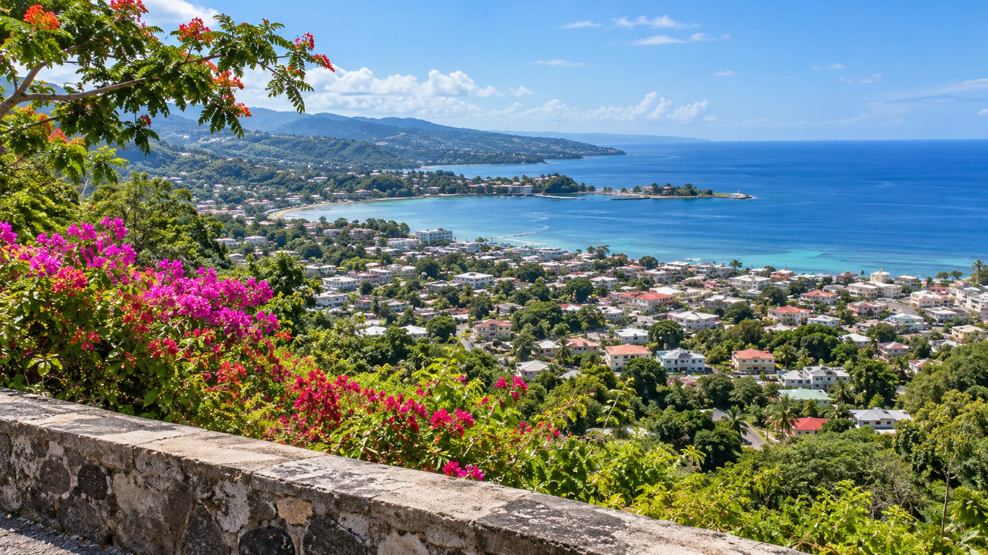 Wide view of a Jamaican coastal town and bay from a hillside layby with a low wall and flowering trees