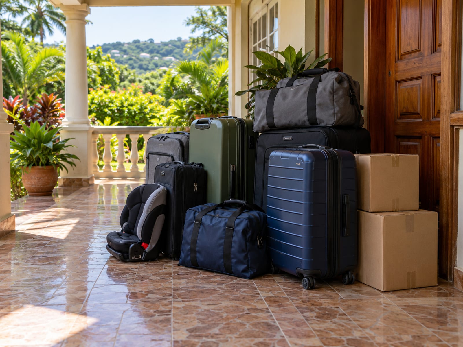 Suitcases, duffel bags and boxes stacked on a covered veranda floor beside a folded child seat