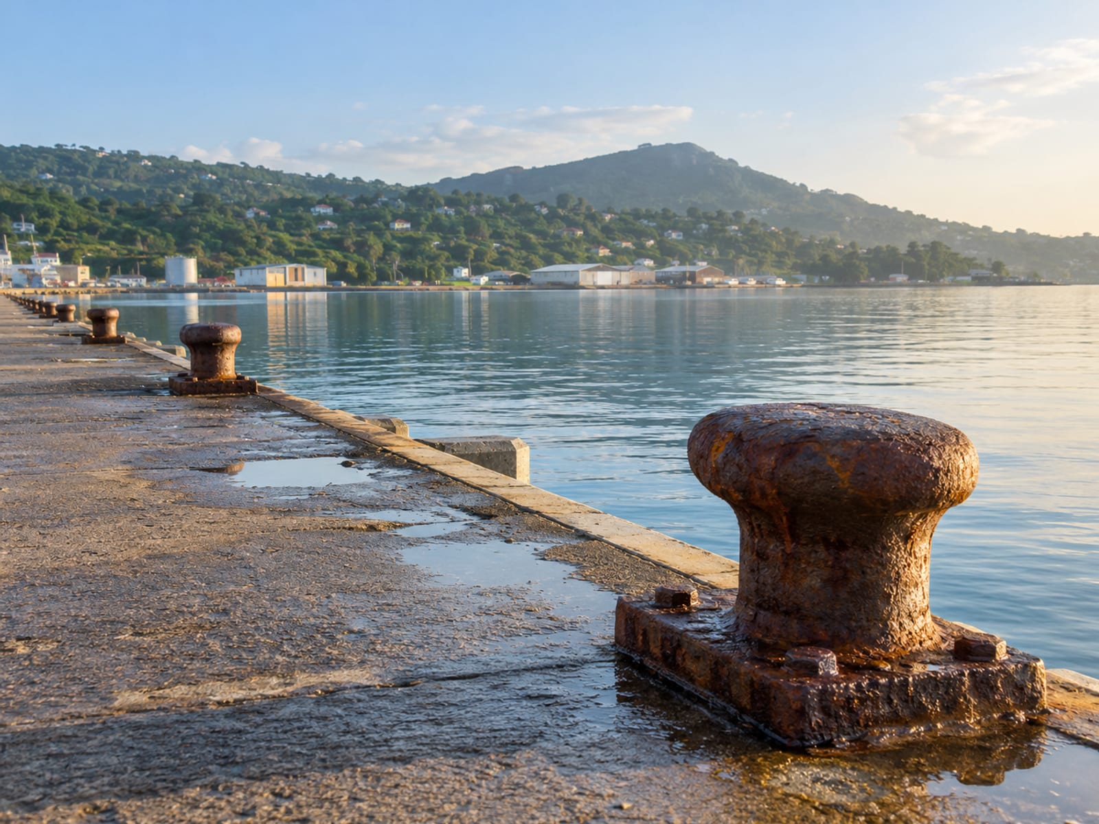 Empty paved harbour quayside with iron bollards and calm water, a hazy hill across the harbour