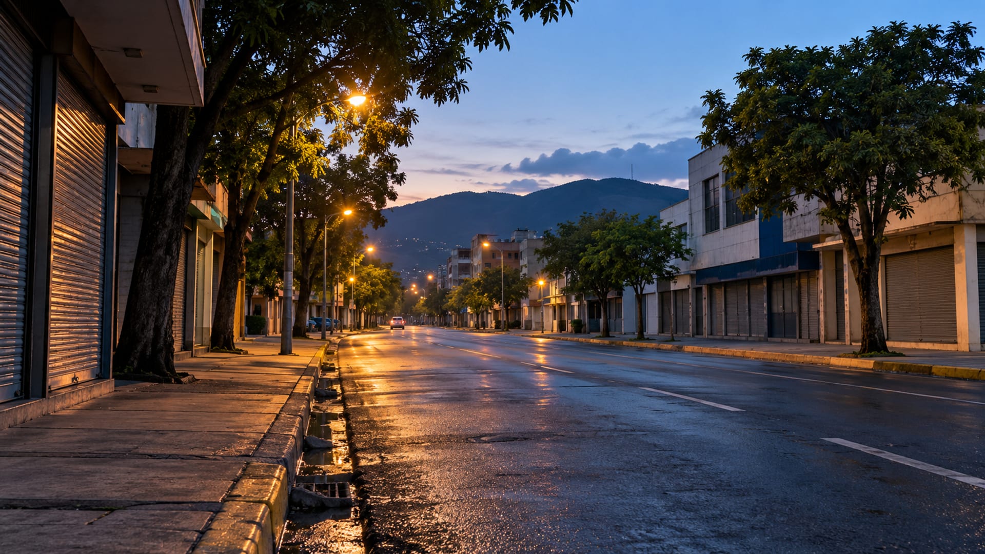 Quiet business street in Kingston before sunrise with streetlights still lit and closed shopfronts