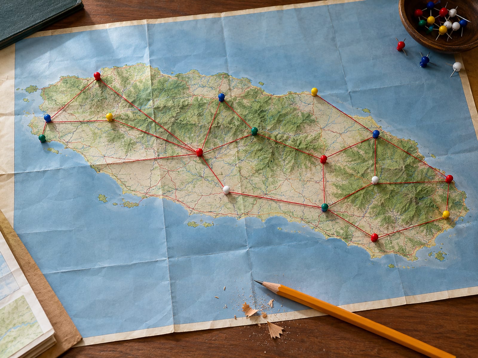 Top down view of a blank paper map with coloured pins and string on a desk