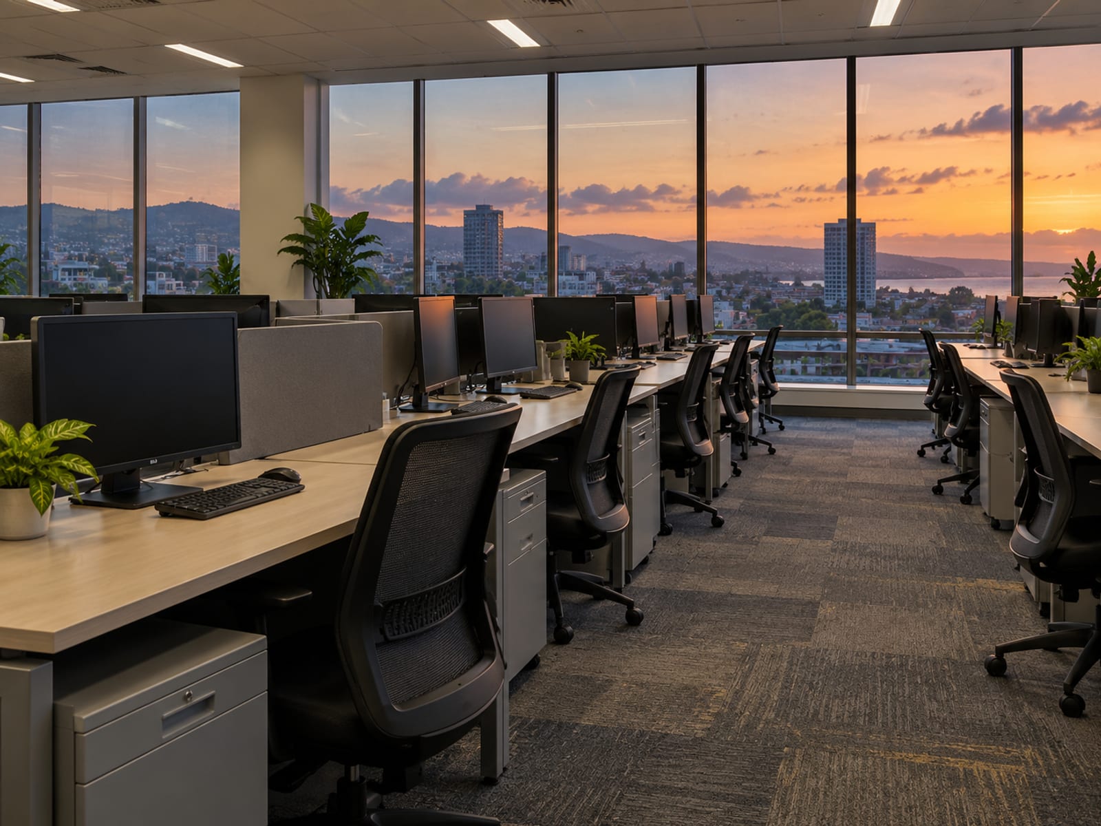 Empty open plan office with rows of desks and dark monitors lit by evening window light