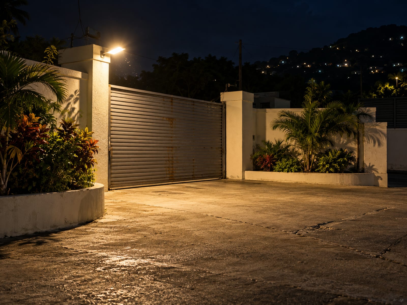 Closed roller gate and a security light over an empty compound entrance late at night