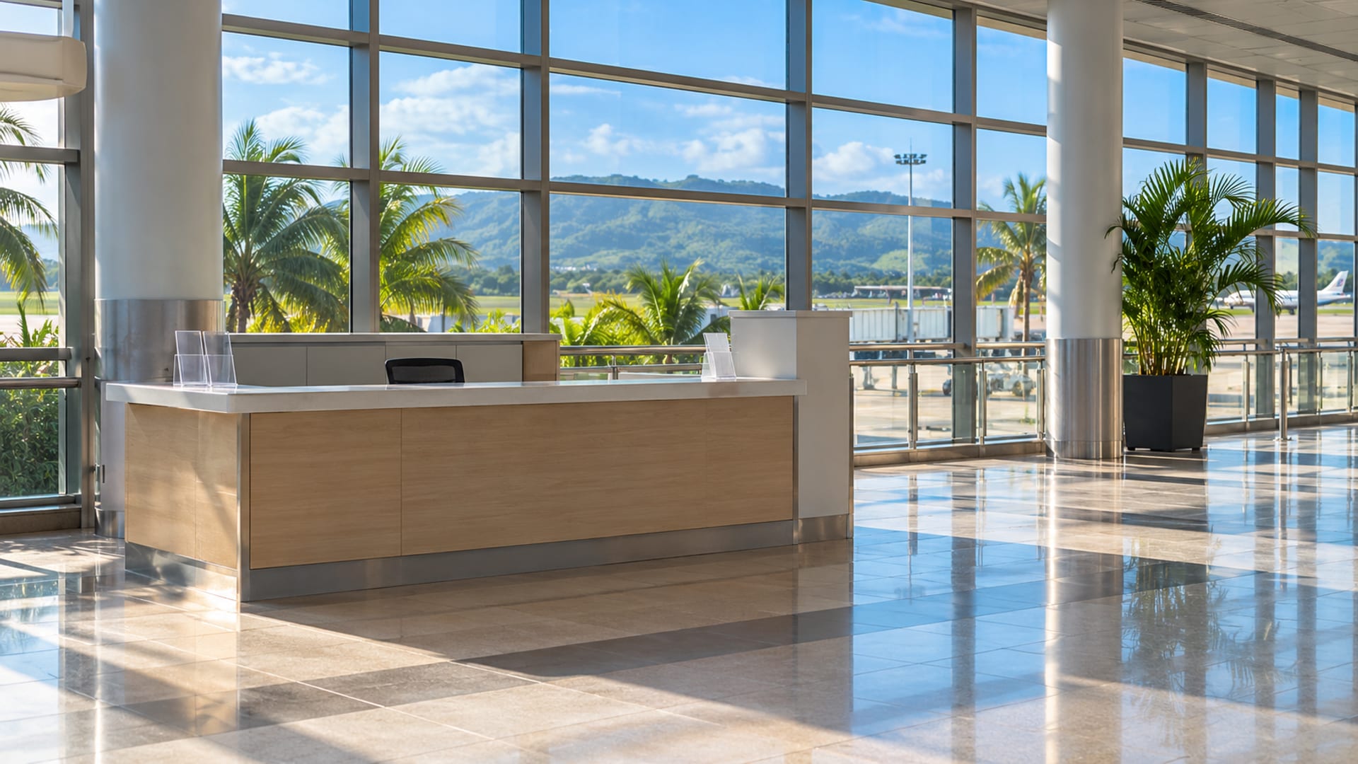 Bright empty hall with a pale rental counter and polished floor under large windows