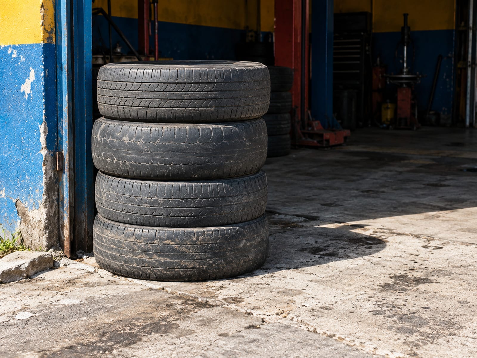 Stack of used tyres leaning at the open door of a plain workshop with sunlight on the concrete