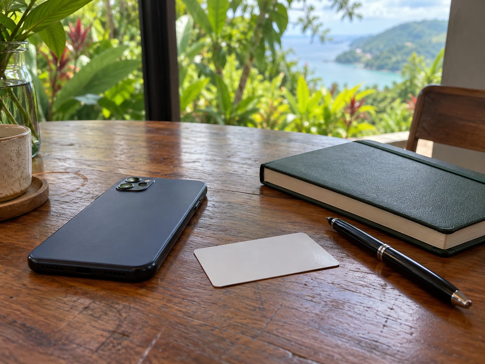 Cafe table by a window with a face down phone, a plain card shaped item turned over and a closed notebook