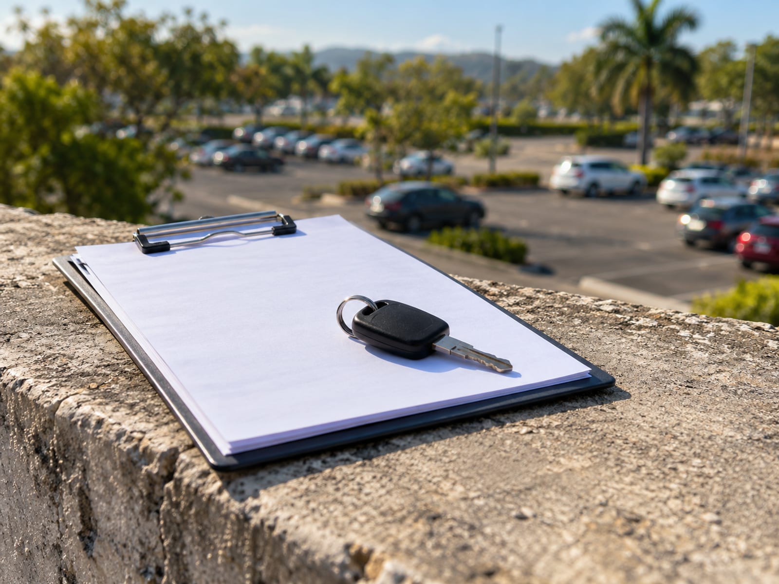 Clipboard of blank paper and a key resting on a concrete ledge with a distant car park behind