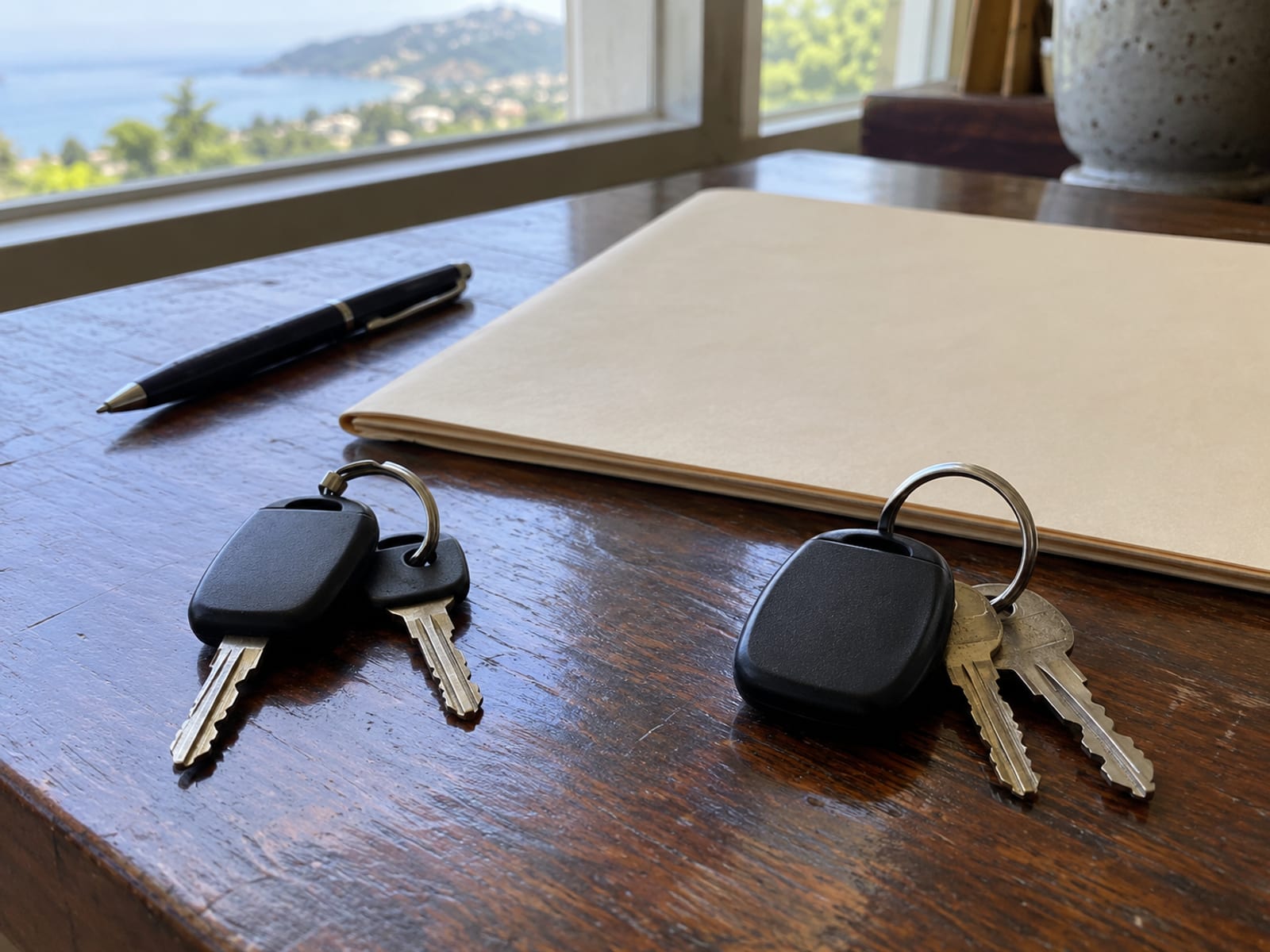 Two sets of plain car keys beside a closed folder on a table