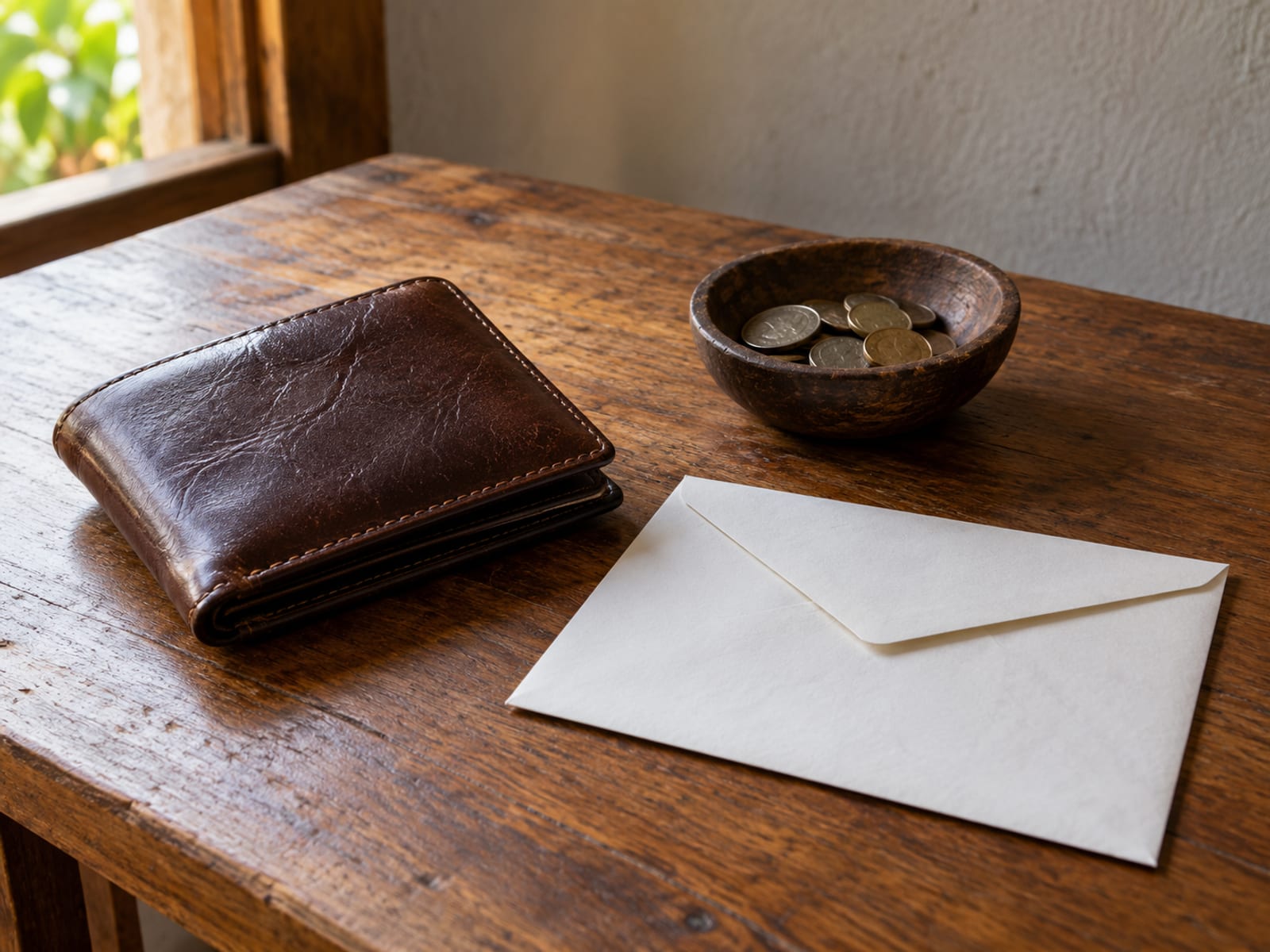 Leather wallet, a coin dish and a sealed envelope on a wooden table