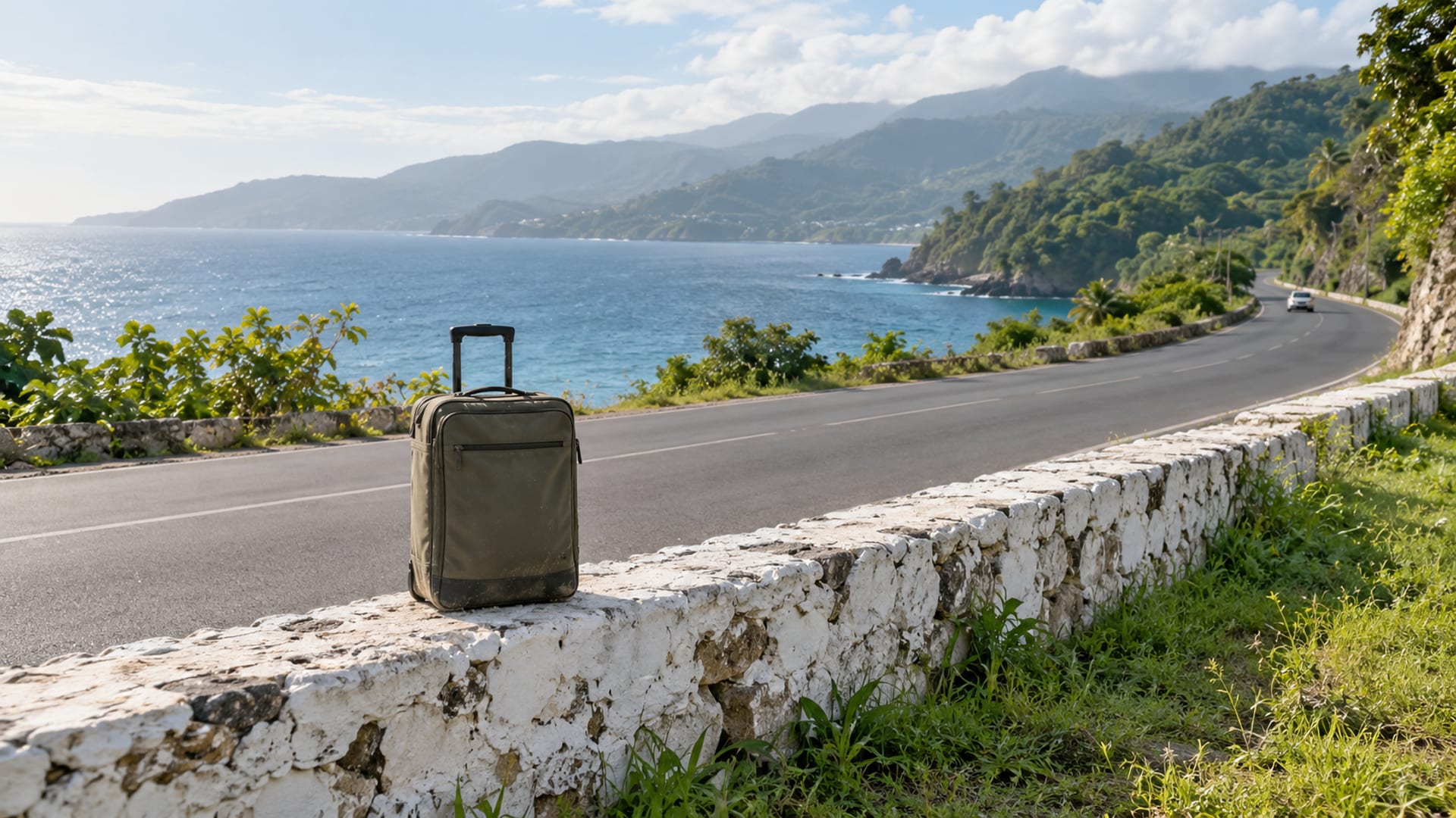 A single small carry-on bag standing on a low stone wall beside a quiet coast road with the sea and hills behind it